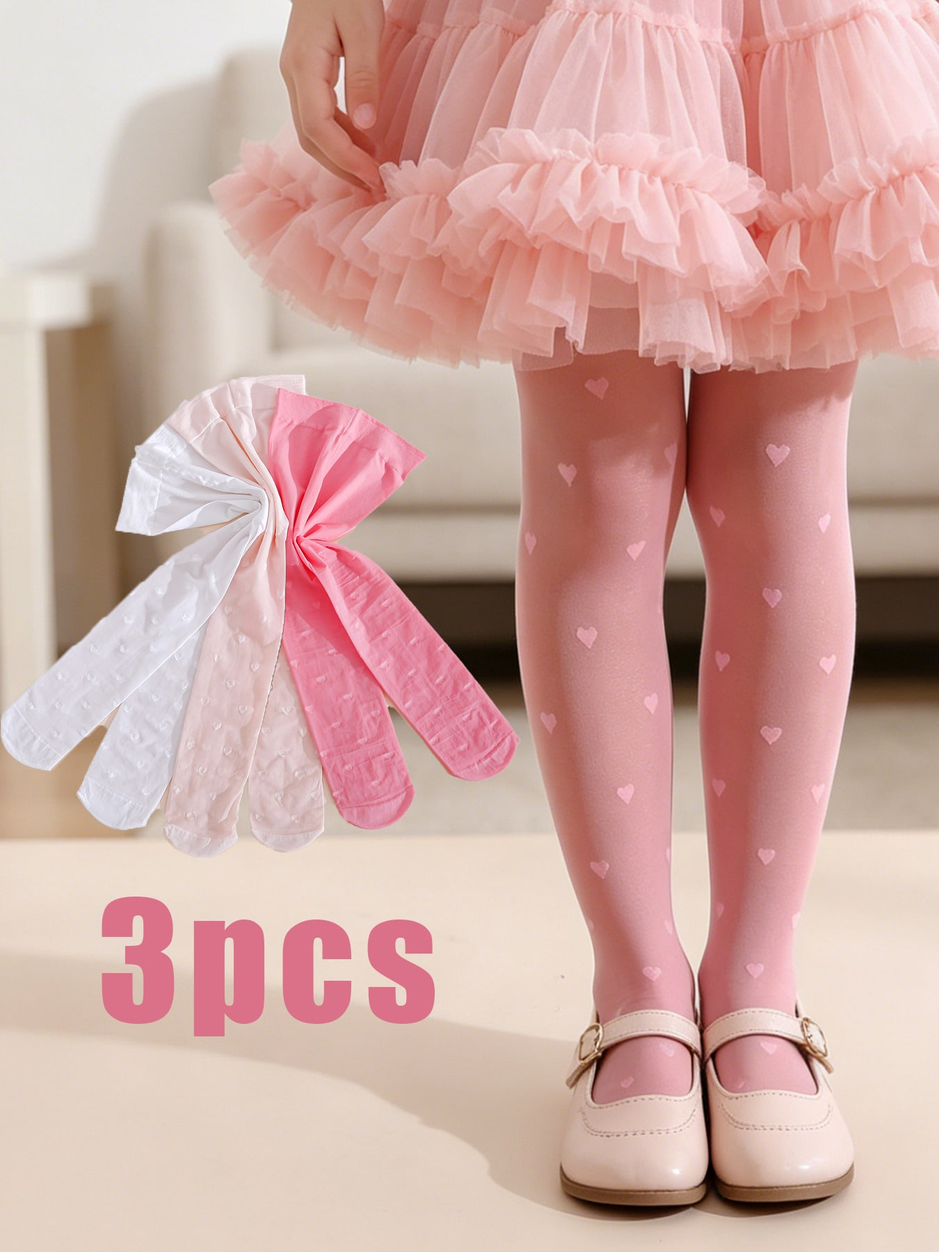3Pcs Girls Heart Print Tights  - огляд і ціна Tights Pantyhose Sheer